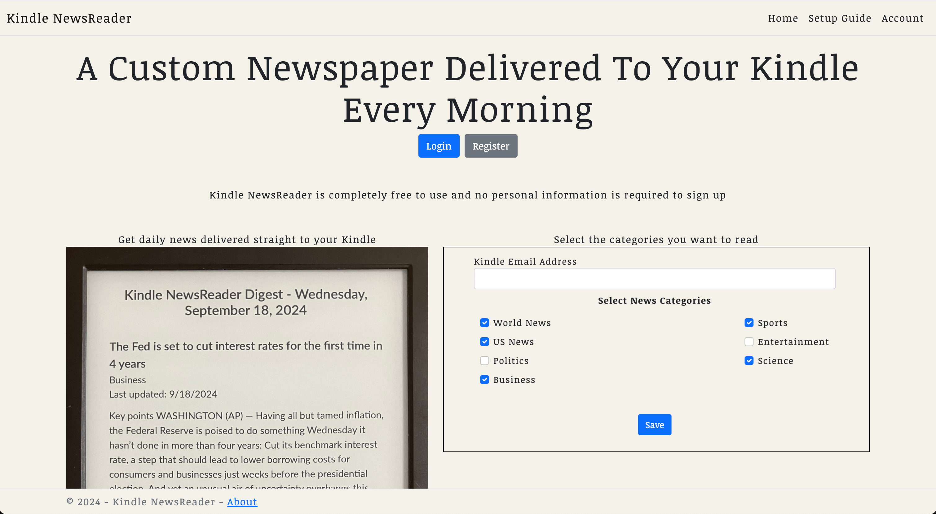 Kindle NewsReader Screenshot